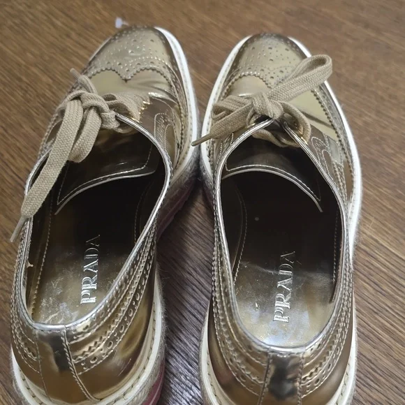 Prada Metallic Gold Platform Sneakers with Pink Stripe - Picture 5 of 5